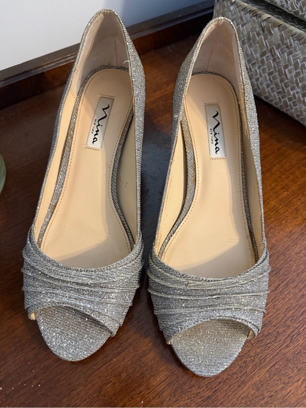 Nina Silver Glitter Peep-Toe Heels